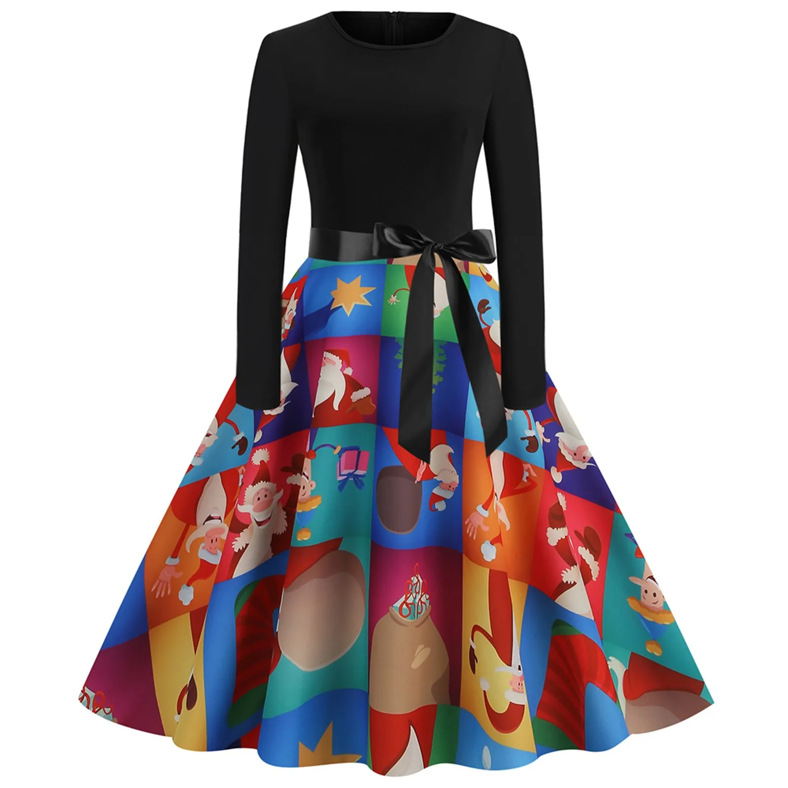 

Christmas Womens Long Sleeve Crew Neck Printed Vintage Party Fit Dress Patchwork Cocktail Christmas Women Dress 2023 Vestido