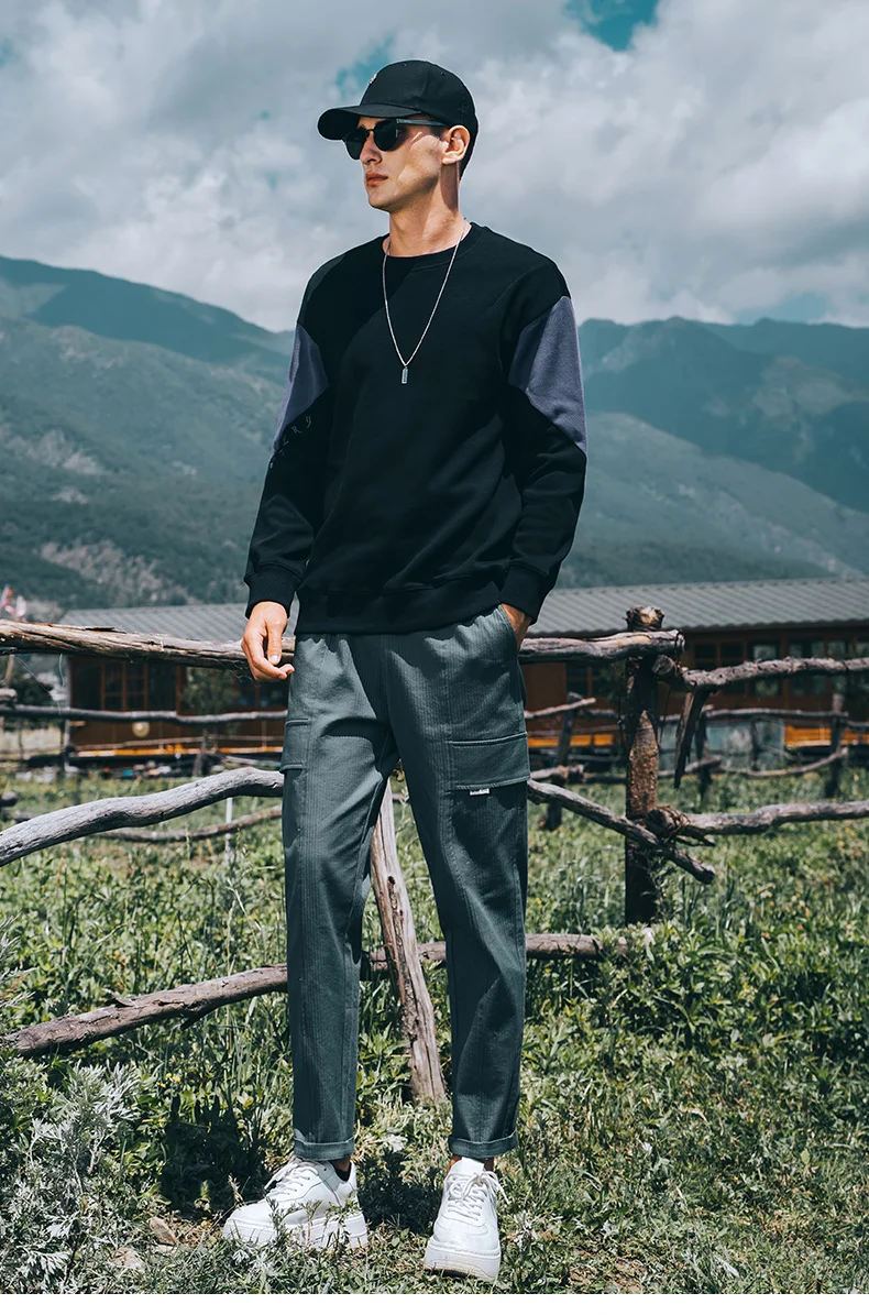 

0743 Autumn American retro contrast color casual sports heavy thick crew neck sweatshirt