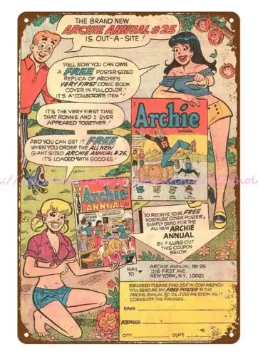 Роскошный дизайн 1973 года комикс ad Archie ежегодный металлический жестяной знак