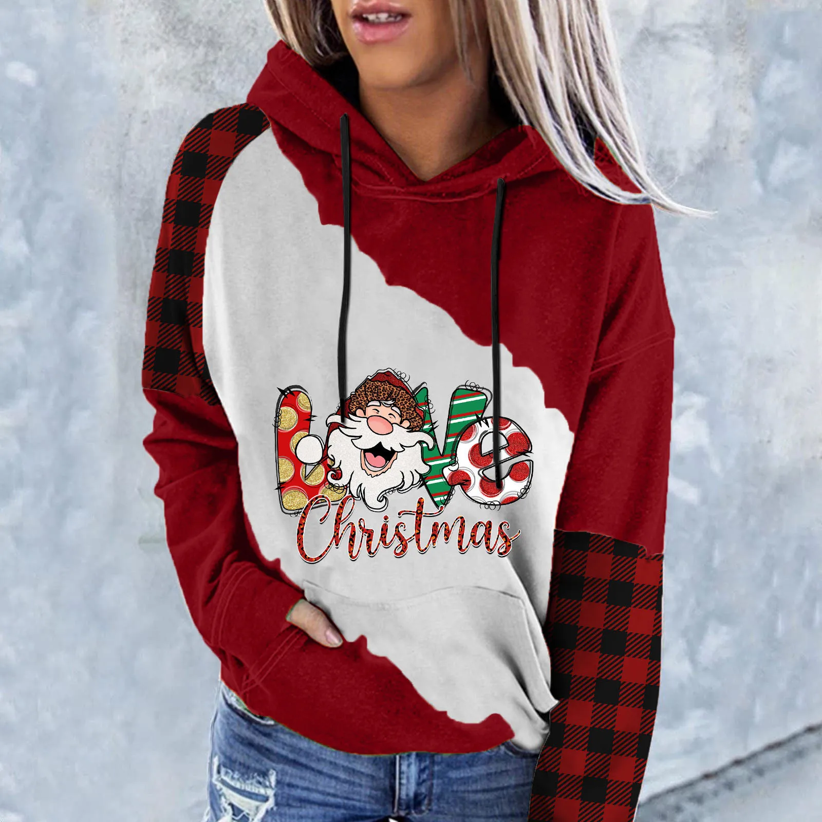 

Ladies Christmas Cute Santa Print Patchwork Hooded Plaid Long Sleeve Sweatshirt Ball Sleeve Sweater