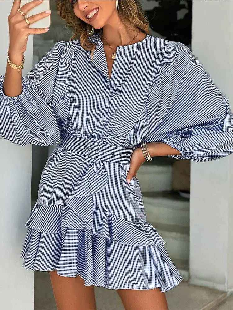 

Elegant Plaid Batwing Long Sleeve Women Dress Spring Summer Ruffle Mini Shirt Dresses Female 2022 Office Lady Chic Vestidos
