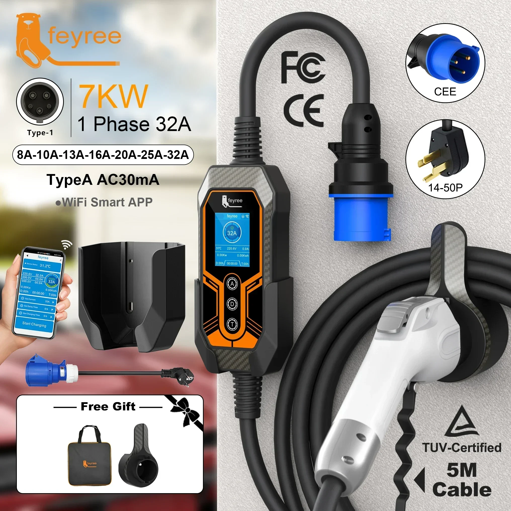 Feyree Type1 Plug j1772 32A 7KW 1P Портативное зарядное устройство для электромобилей с