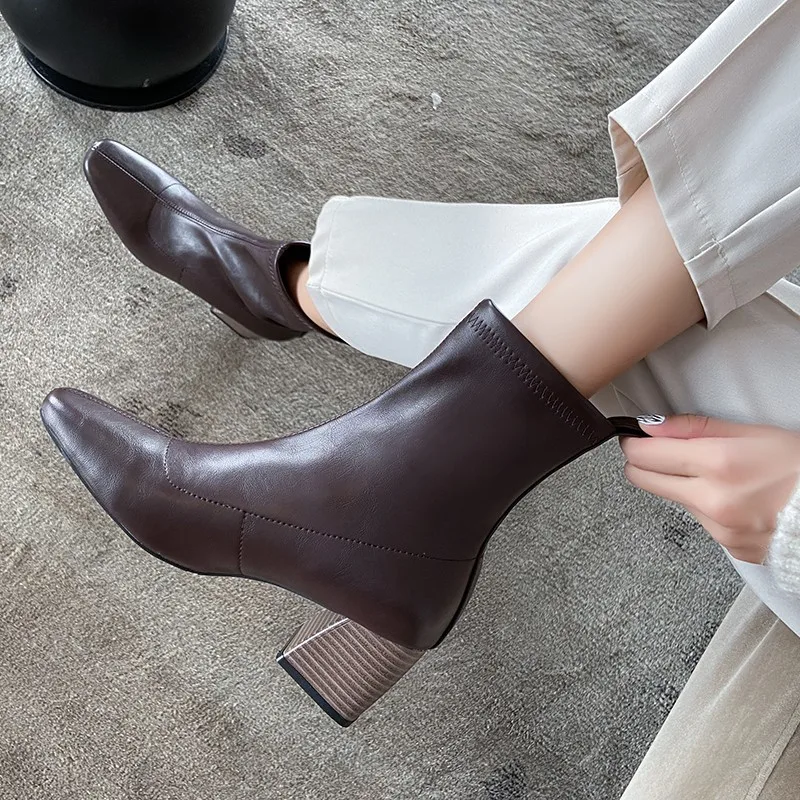 

boots women 2022 new women's boots Autumn square toe sleeve ankle boots women's thick heels high heels boots women