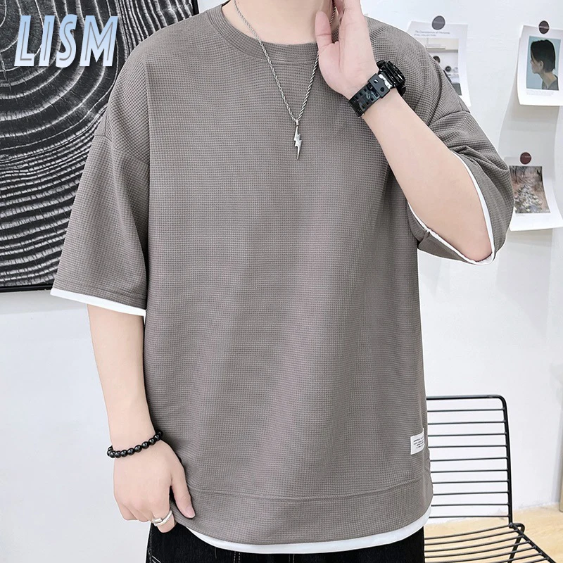 

Футболка LISM мужская с имитацией двух предметов и вафельным принтом, дизайнерская тенниска с нашивками, повседневная майка с коротким рукавом, однотонная уличная одежда, лето 2023