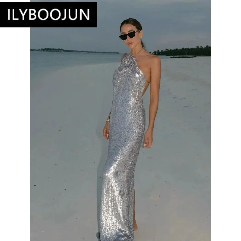 Женское сексуальное длинное облегающее платье с лямкой на шее и цветком