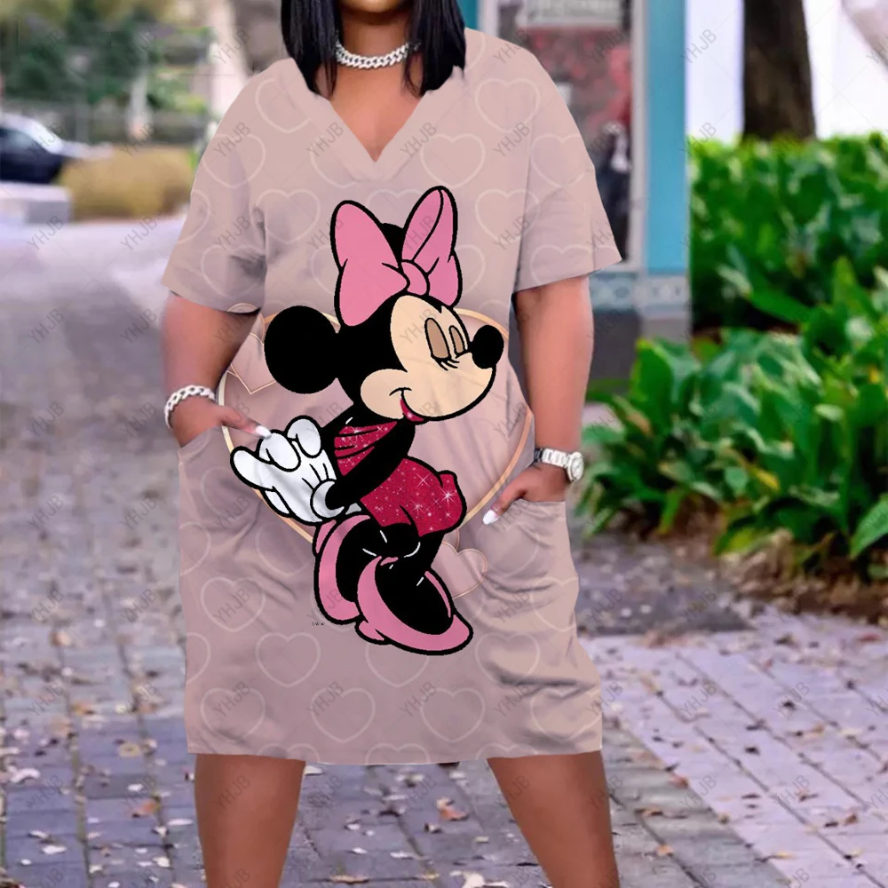 

New Summer Disney Minnie 3D Print Bohemia Dresses Women Short Sleeve Mini Dress Casual Fashion V Neck Loose Retro Female Dress