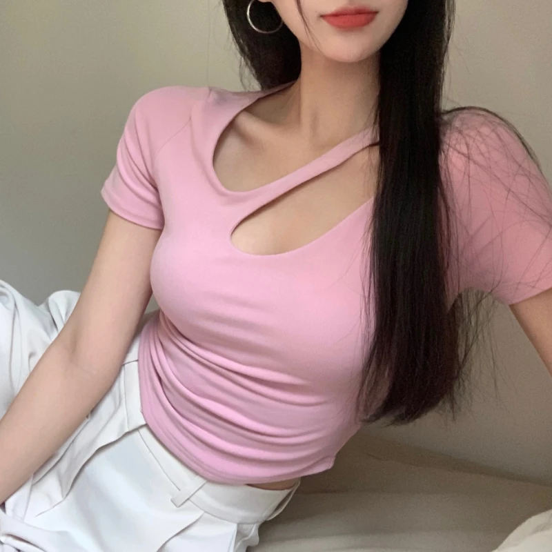 

Y2k T-shirt Women's Ins Trendy Summer White Hot Girl Leaking Collarbone Scheming Sexy Slim Design Niche Short-sleeved Tops