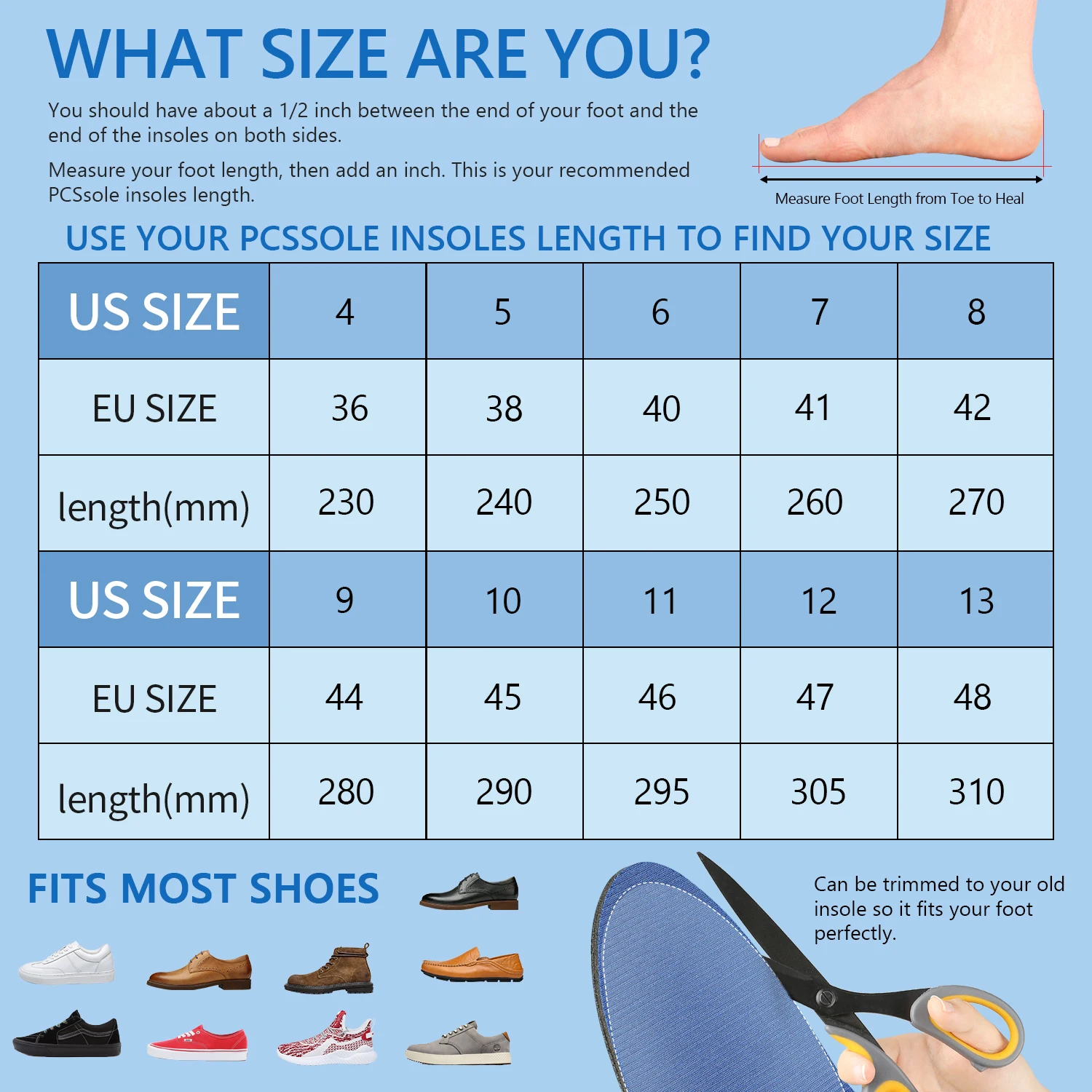 PCSsole EVA Orthopedic Insoles 2.5cm Hight Arch Suppor Plantar Fasciitis Insoles Bule Flat Feet Insoles For Shoes Men and Women