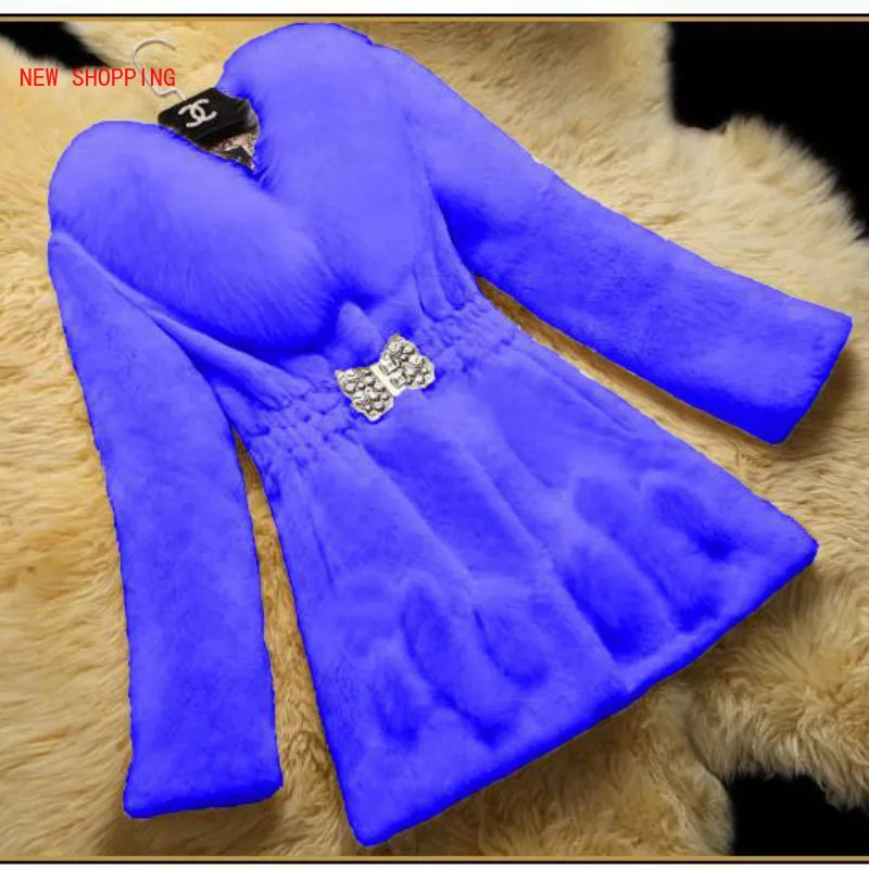 Soft Faux Fur Coat Women Slim Waist Diamond Button Plus Size Long Sleeve Turn-down Collar Winter Womens Rabbit Fur Jacket Warm