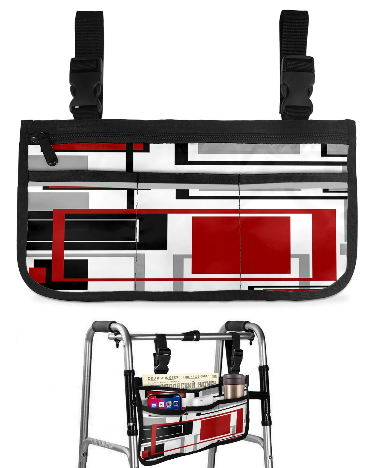 

Abstract Geometry Squares Modern Art Red Wheelchair Bag Armrest Side Bags Electric Scooter Walking Frame Storage Pouch