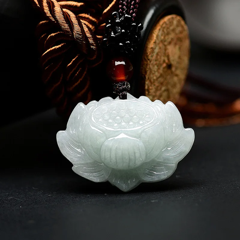 

Jiale/Hand-Carved/Natural Ice Species Jade Lotus Emerald Necklace Pendant Fine Jewelry Accessories for Men Women Couples Amulet