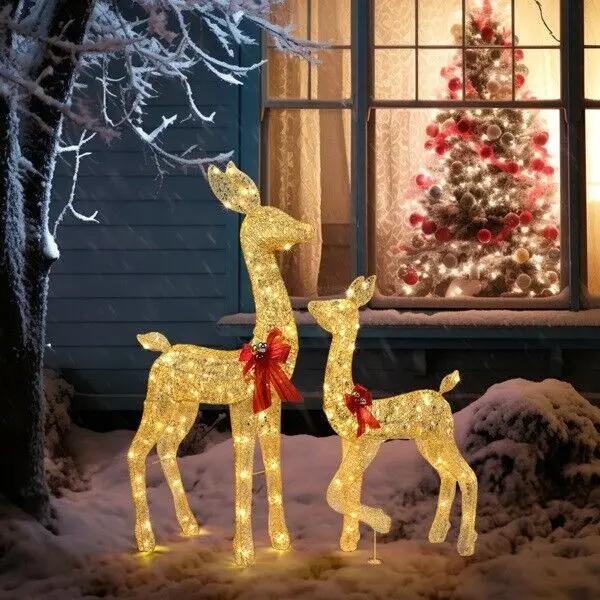 

New 2-Piece Christmas Deer Light Decoration Elk Set Outdoor Yard Decoration Set with 210 Leds Warm White Light, Gold