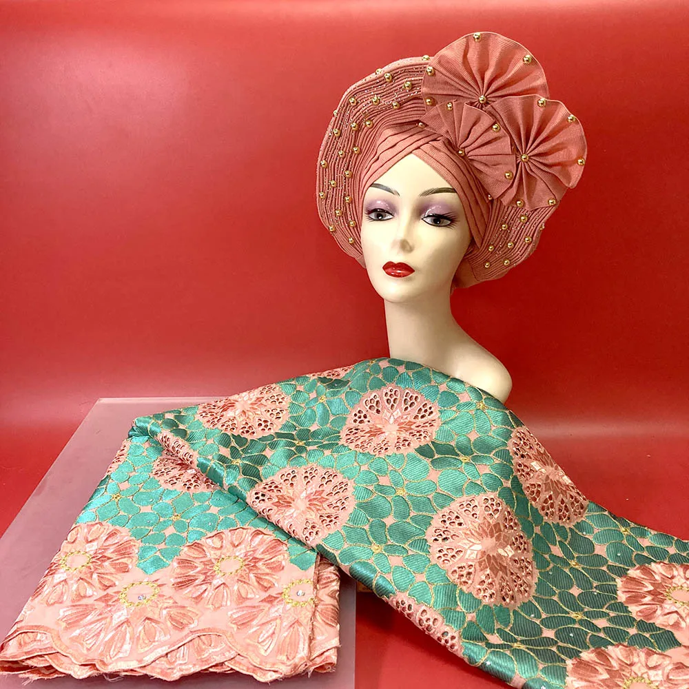 

Swiss Lace Fabric With Head tie Band Heavy Beaded Embroidery African Lace Fabrics 100% Cotton Fabric Swiss Voile Lace Fabric