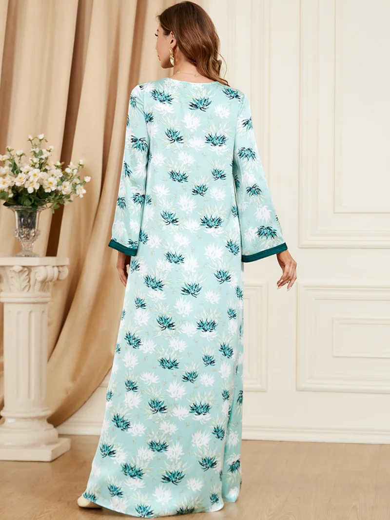 Ramadan Eid Fashion Modest Dress For Woman V-Neck Lace Tape Button Print Muslim Dresses Long Sleeve Abaya Turkey New 2023