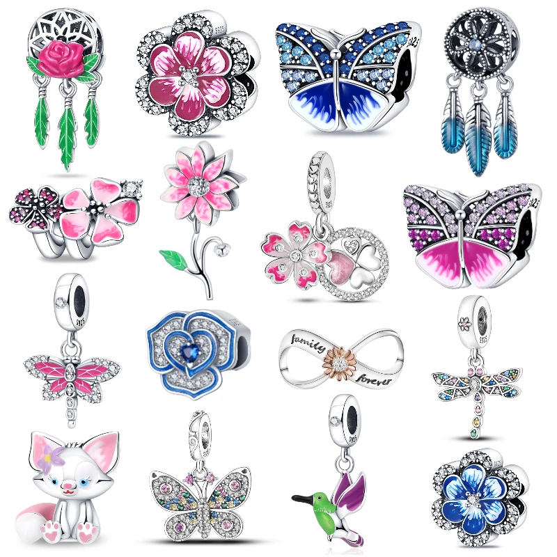 

Blue Butterfly Sparkling Pansy Flower Beads silver 925 jewelry For Pandora 925 Original Bracelet Charm Jewelry Making Bead