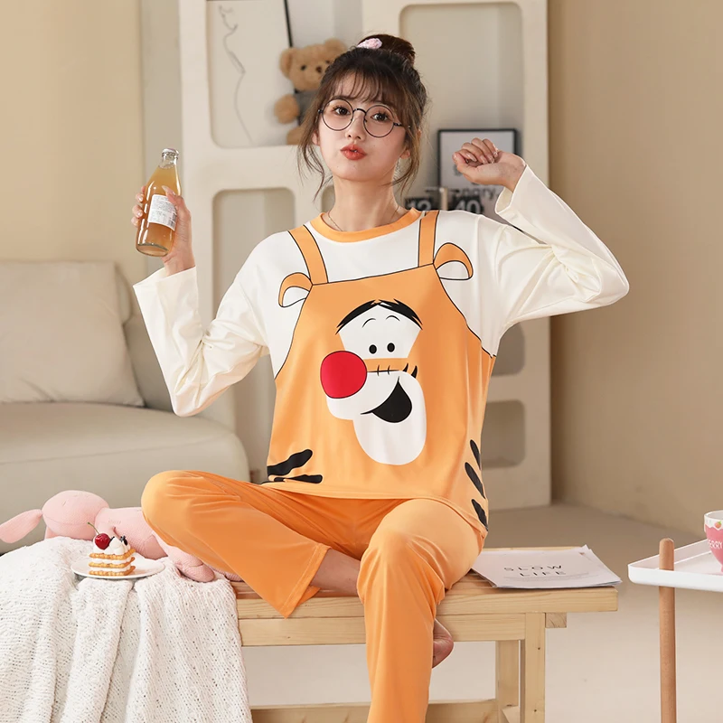 Disney Tigger Cute Kawaii Christmas Matching Pajamas Set for Ladies Girls Autumn Spring Long Sleeve Soft Nightwear Home Suit