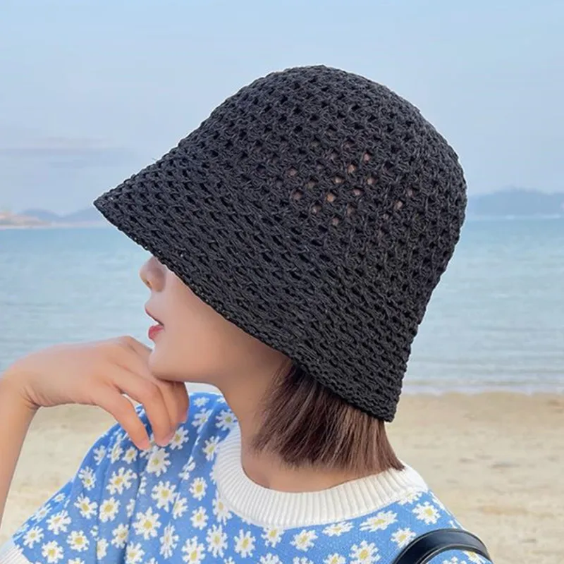 

Панама женская Соломенная вязаная крючком, Панама ручной работы в японском и корейском стиле, однотонная шапка от солнца, для весны и лета