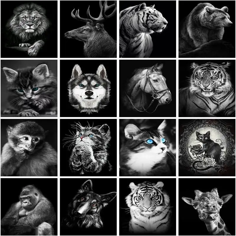 

GATYZTORY 5d Diy Diamond Painting Black And White Animals Embroidery Cross Stitch Full Square/Round Mosaic Lion Tiger Dog On Wal