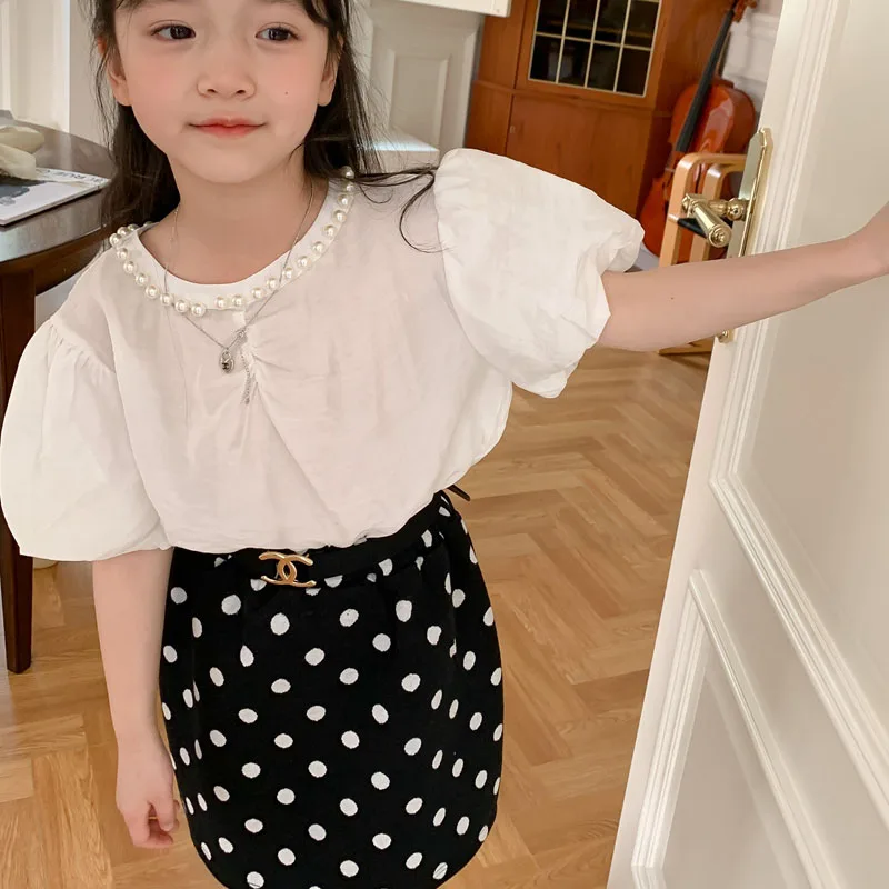 

Новинка лета 2023, стильная рубашка с жемчужным воротником, милый пуловер в Корейском стиле для девочек, топ, рубашка 5-29