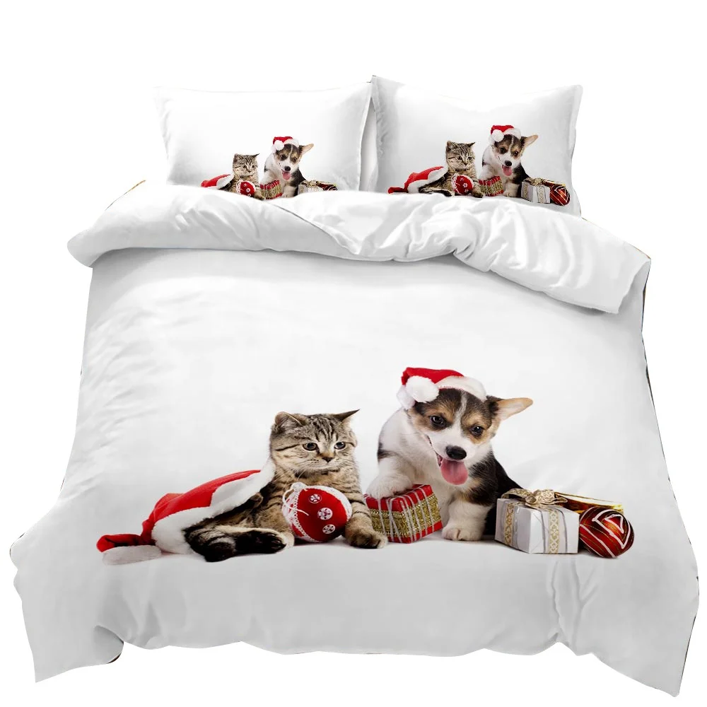 

Cat Duvet Cover Cats and Dogs Play Christmas Animal Pet Bedding Set for Kids Teens Double Queen King Size Polyester Qulit Cover