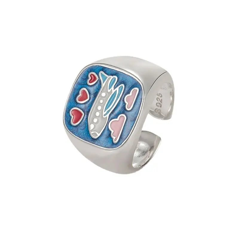 

925 Sterling Silver Lovely Blue Sky Enamel Epoxy Airplane Clouds Heart Pattern 3925 Ring