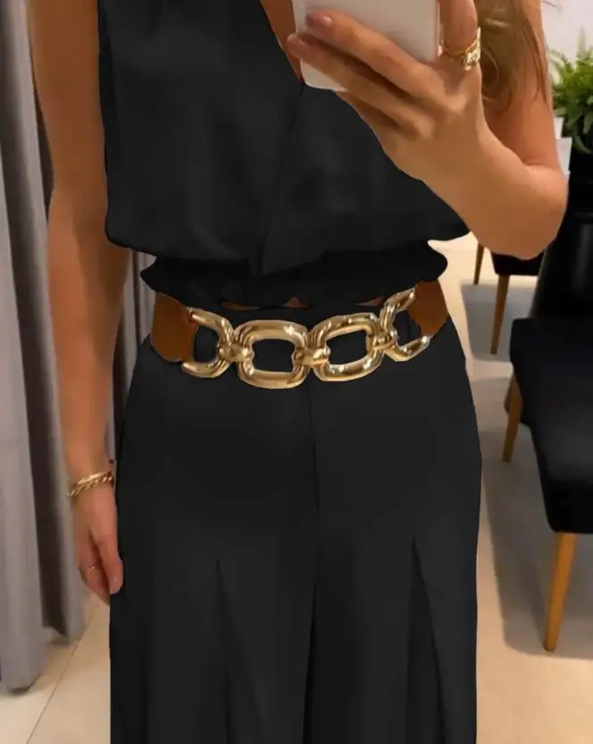 Элегантный женский однотонный комплект из двух предметов летний с V-образным