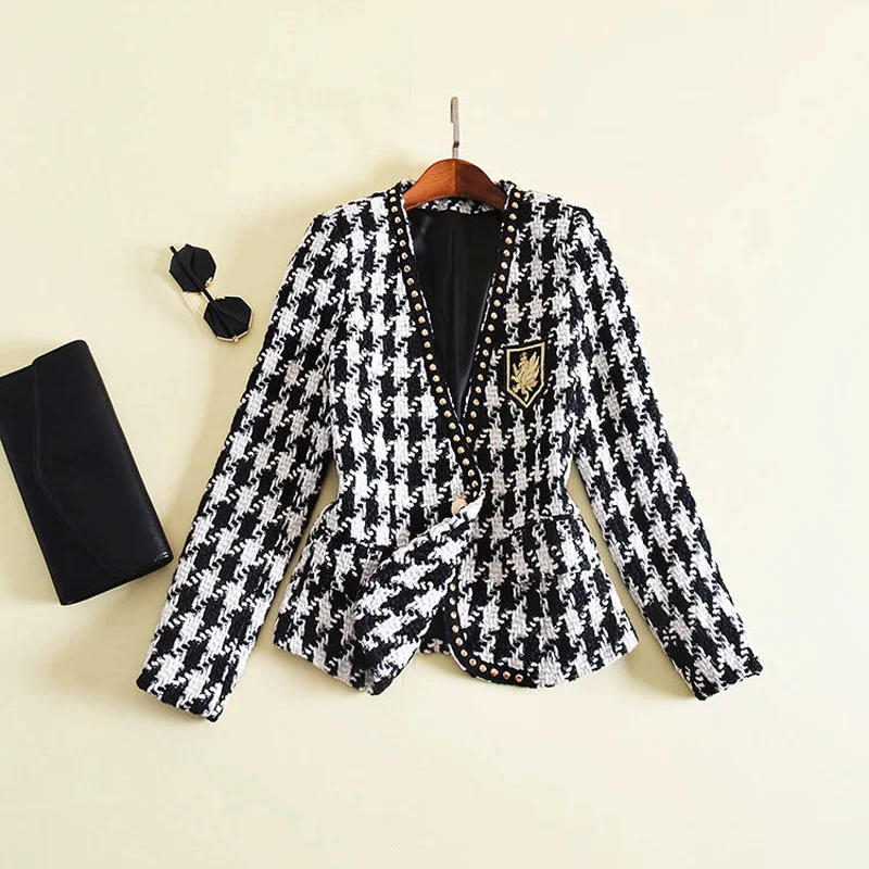 

HIGH STREET New Fashion 2022 Designer Women's Rivet Single Button Embroidery Symbol Houndstooth Tweed Jacket