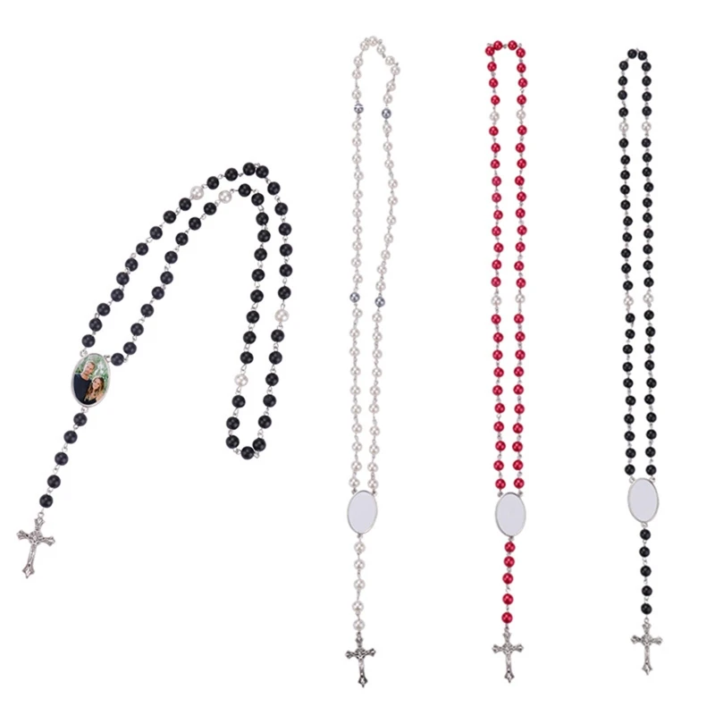 

Trendy Cross Pendant Sublimation Necklace Rosary Beads Necklace Catholicism Prayer Religious Jewellery for Family Elders
