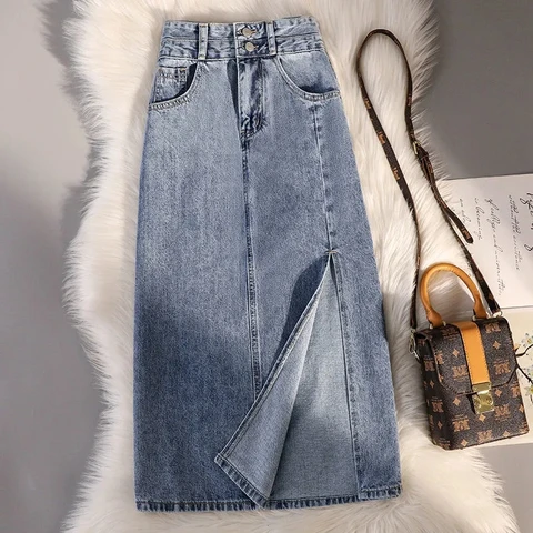 Винтажная джинсовая юбка средней длины с высокой талией и разрезом по бокам