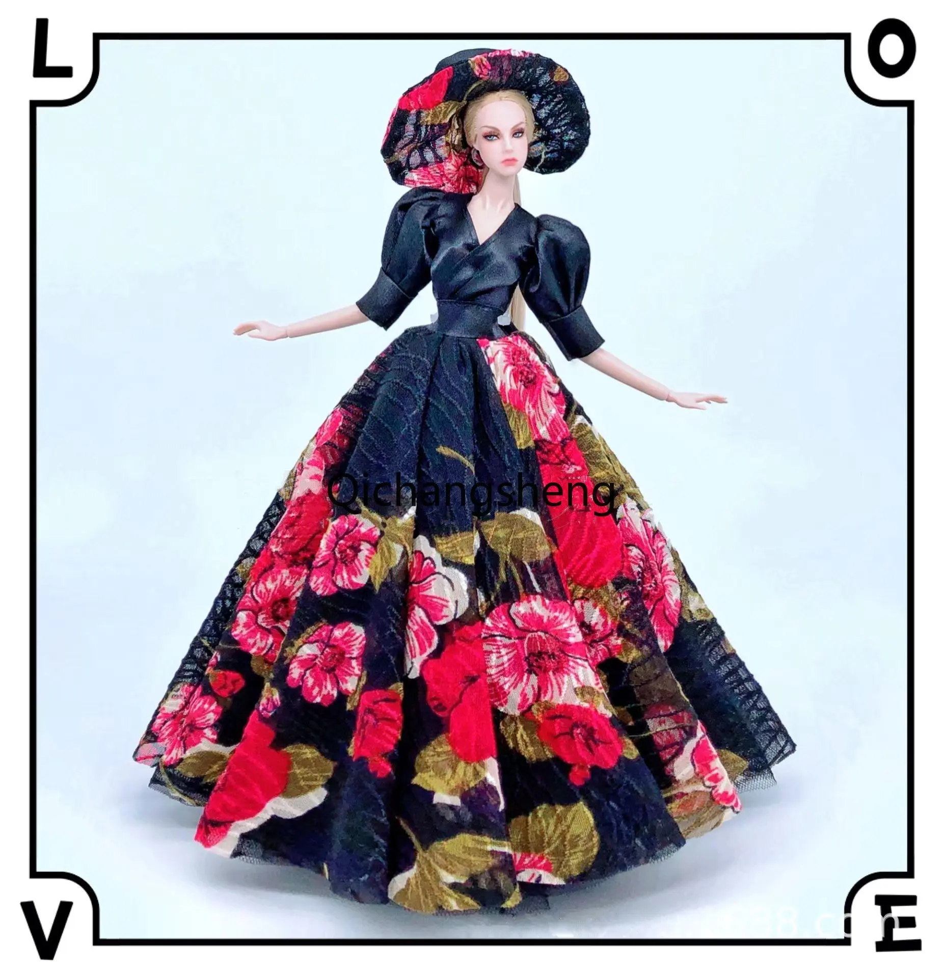

1/6 Doll Clothes Black Floral Puff Sleeve Wedding Dress For Barbie Clothing For Barbie Outfit Gown Hat 11.5" Dolls Accessories