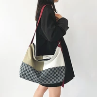 large capacity womens bag 2022 trend denim checkered messenger shoulder bag big eco shopping bag contrast color crossbody bags