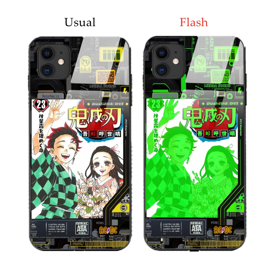 

Japan Anime Luminous Demon Slayer Phone Case For iPhone 12 XS MAX 7 XR 11 Pro 13 X 8Plus Kimetsu No Yaiba LED Glass Cover Fundas