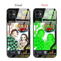 japan anime luminous demon slayer phone case for iphone 12 xs max 7 xr 11 pro 13 x 8plus kimetsu no yaiba led glass cover fundas