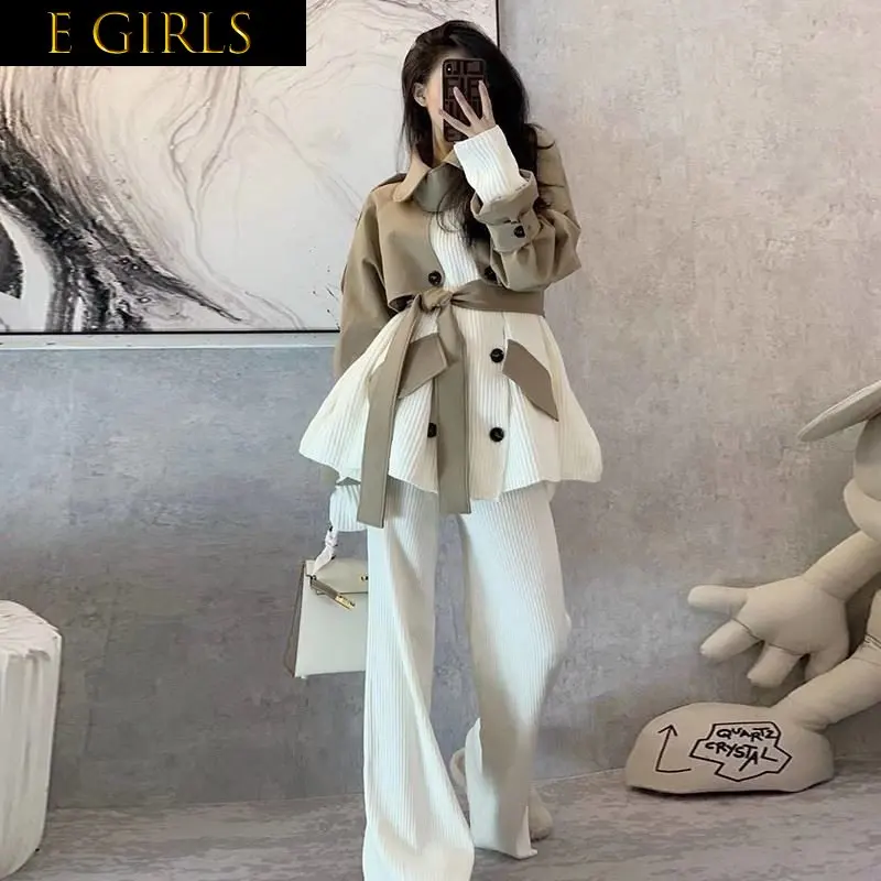 E GIRLS Jackets Women Elegant Vintage Fashion Loose Fake 2 Piece Panelled Daily Coats Breasted Female Leisure All-match Outwear
