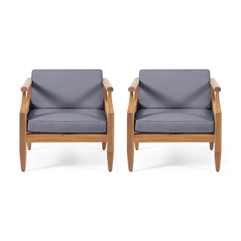 

Noble House Sloane Outdoor Mid-Century Modern Acacia Wood Club Chair With Cushion, Set of 2, Teak, Dark Gray