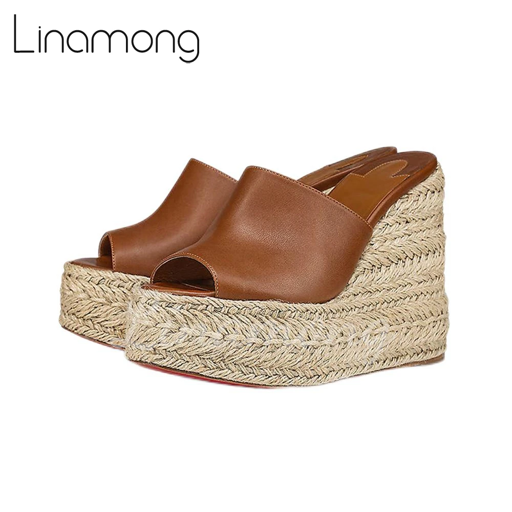 Solid Color Leather Espadrilles Slippers Peep Toe Slip On Summer Shoes for Women Black Brown Leather Concise Platform Sandals