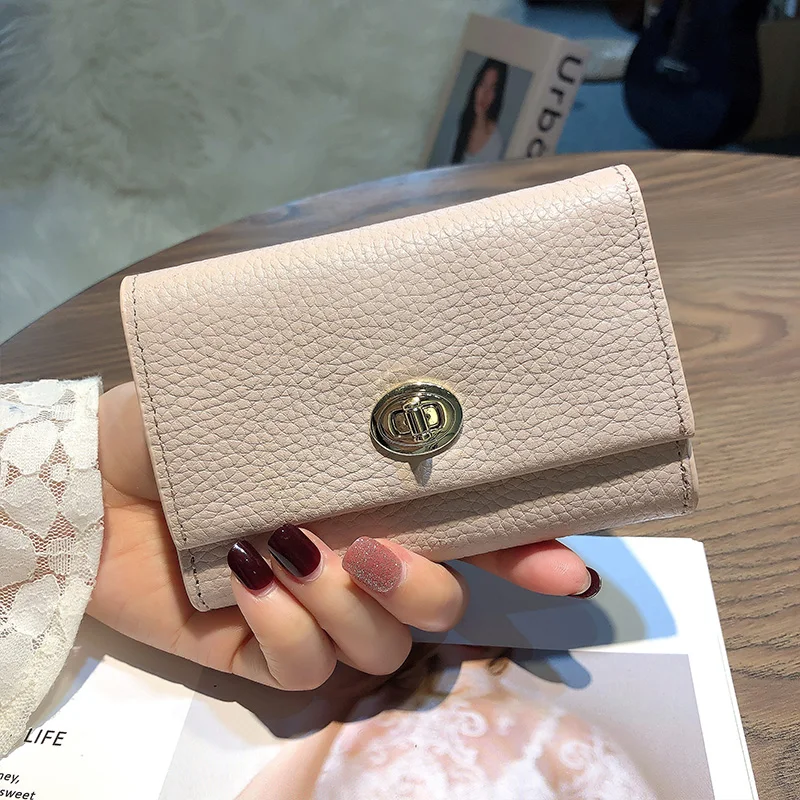 2023 Genuine Leather Women Coin Purses Short Cowhide Wallet Flap Lock Female Purse Original Design Billfold Card Holder Bag