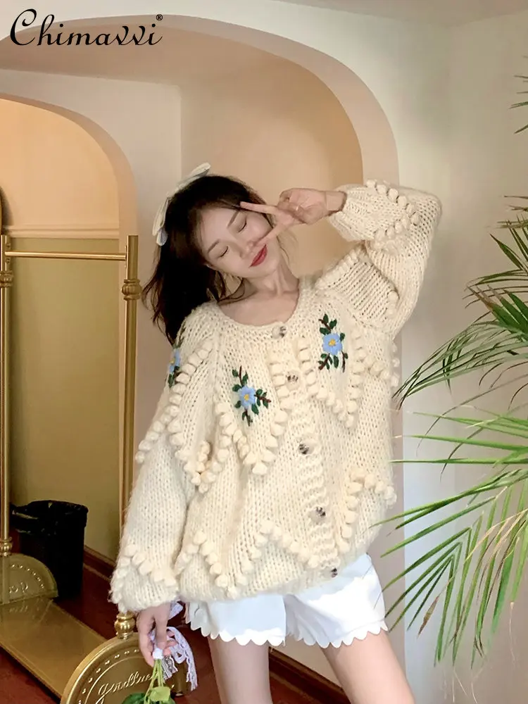 

Retro Gentle Style Crew Neck Sweater Cardigan Coat Women 2022 Autumn Fashion Sweet Flower Embroidery Japanese Loose Knitted Top