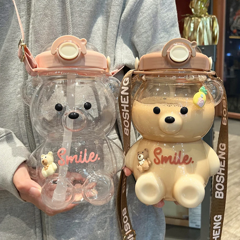 

Kawaii Bear Plastic Water Bottle with Straw Portable Strap Cute Drinking Bottles for Girls Summer Sports Water Jug