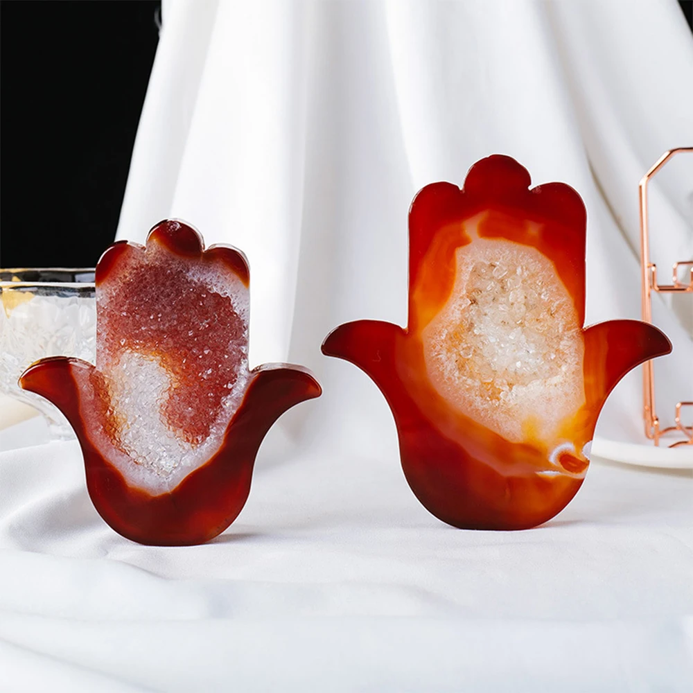 

Mineraali 10-12cm Carnelian Natural Stone Hand Shape Statue Red Agate Geode Cluster Crystal Cavred Energy Healing for Home Decor