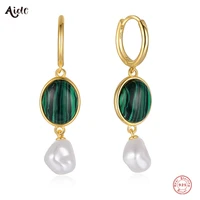 aide 925 sterling silver oval dark green malachite irregular imitation pearl charm dangle earrings for women jewelry pendientes