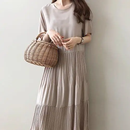 

2022 Summer Solid Color Round Neck Cotton Linen Loose Fold Short Sleeve Simple And Elegant Vestidos For Women Birthday Dress