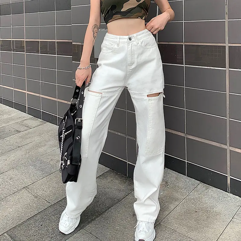 

Spring Autumn 2022 Ropa Mujer Streetwear White Women's Jeans Hollow Out Design Vinage Clothes All-Match Baggy Jeans Cargo Pants