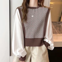 patchwork long sleeve plaid sweater women pullover knitted top 2022 autumn korean fashion sweaters womens clothes sueter mujer