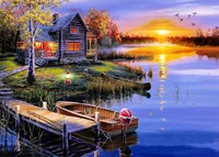5d diamond painting sunset lake cabin boat full drill by number kits diy diamond set arts craft decoration by