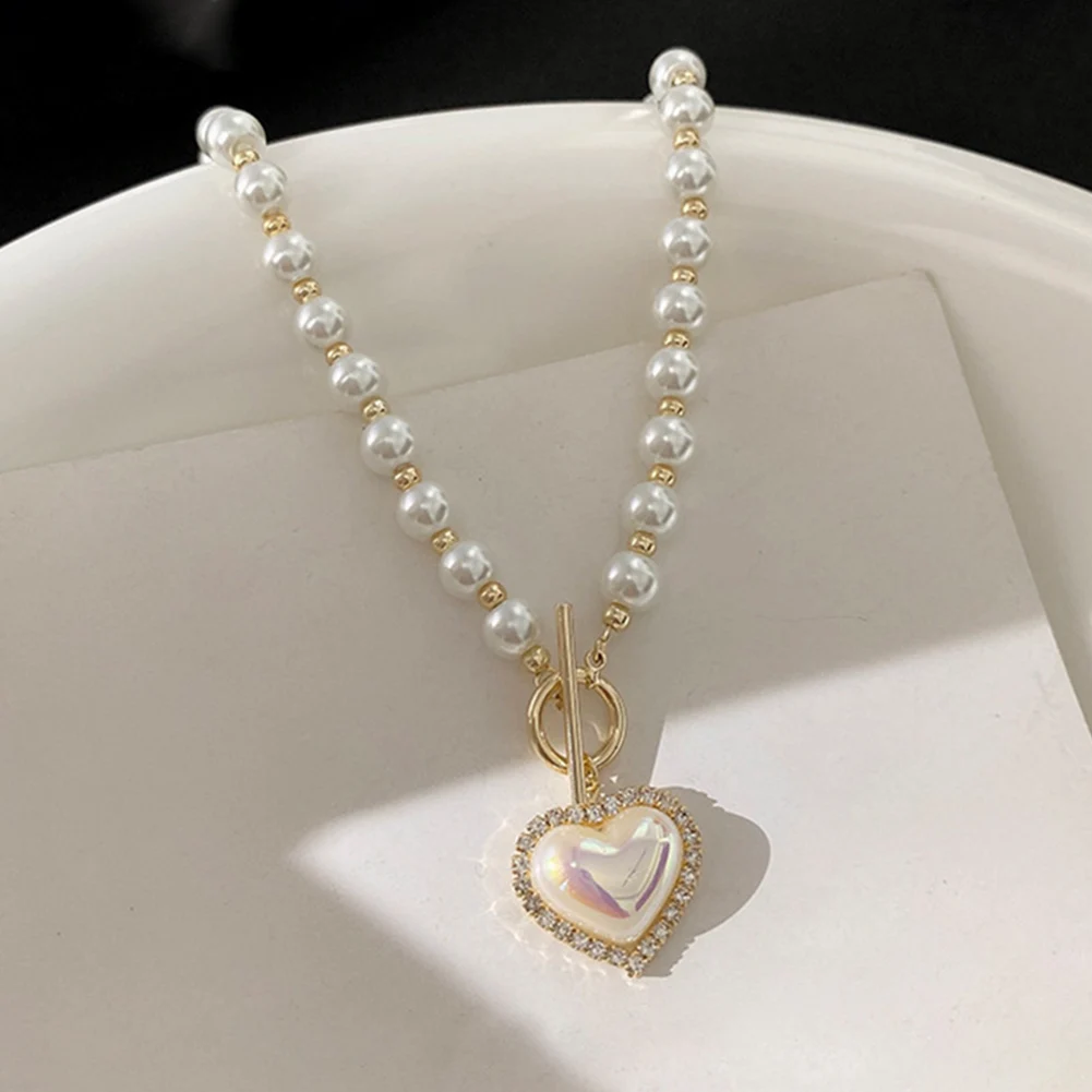 

2022 New Heart Pendant Pearl Necklace Korean Style OT Buckle Shell Choker Necklace Elegant Clavicle Chain Necklaces Jewelry