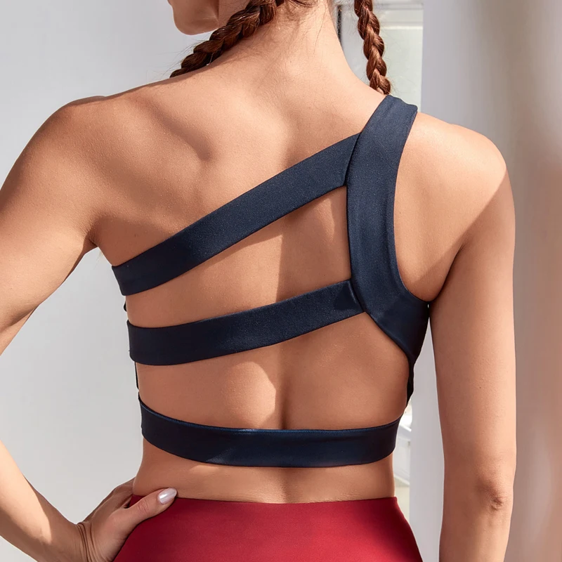 

Women Fitness Bras Sexy Beauty Back Oblique Single Shoulder Strap Underwear Push Up Sports Training Shockproof Yoga Bras Female