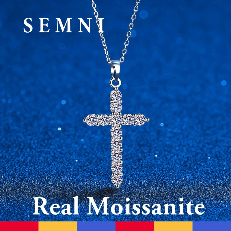 

SEMNI Wholesale 3.3CT D Color Moissanite Cross Pendant Necklace for Men Luxury S925 Sterling Silver Plated White Gold Jewelry