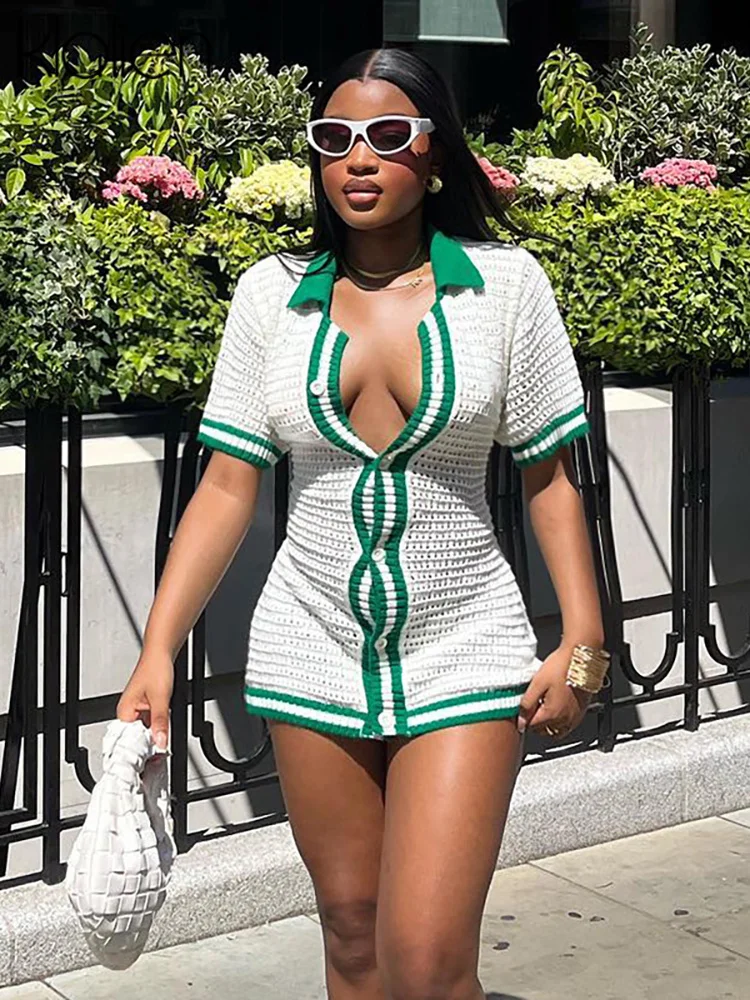 

KLALIEN Casual Knitted Short Sleeve Mini Dress Women Summer Turn-down Collar Button Party Streetwear y2k Bodycon Dresses vestido