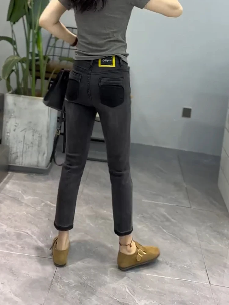 Y2k Black And Gray High-waisted Stretch Jeans Women Slightly Fat Wear With 2023 Summer New Thin Thin Foot Nine-point Pencil Pant